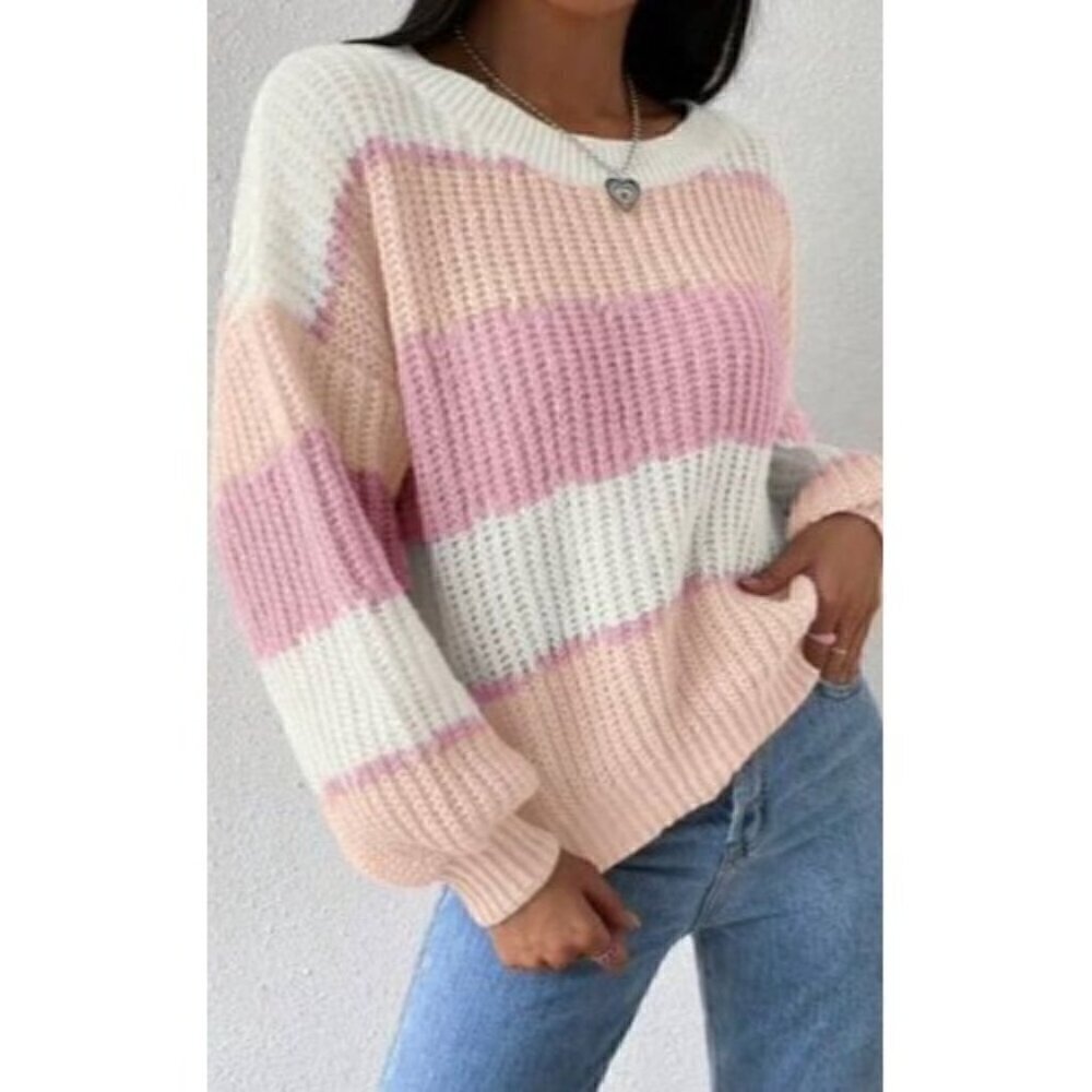Round Neck  Color Block Drop Shoulder Sweater - Picture 2 of 5